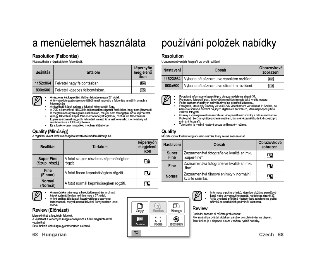 Samsung VP-DX10/XEO manual Resolution Felbontás, Review Előnézet 