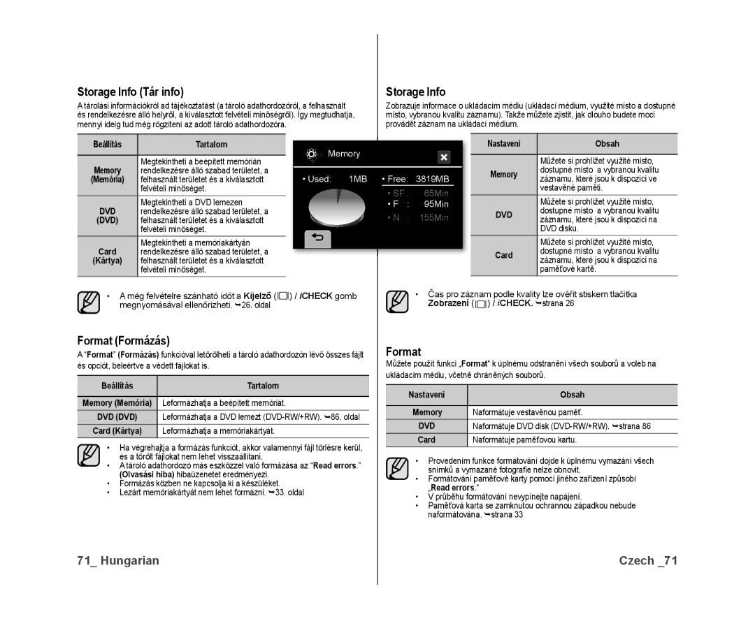 Samsung VP-DX10/XEO manual Storage Info Tár info, Format Formázás, Beállítás Tartalom 