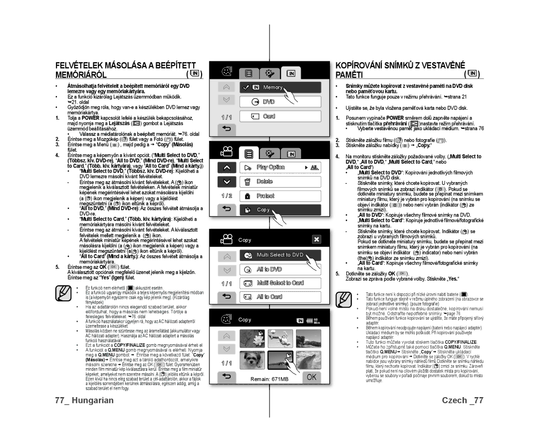 Samsung VP-DX10/XEO manual Memóriáról, Paměti, DVD, „All to DVD, „Multi Select to Card, nebo, „All to Card 