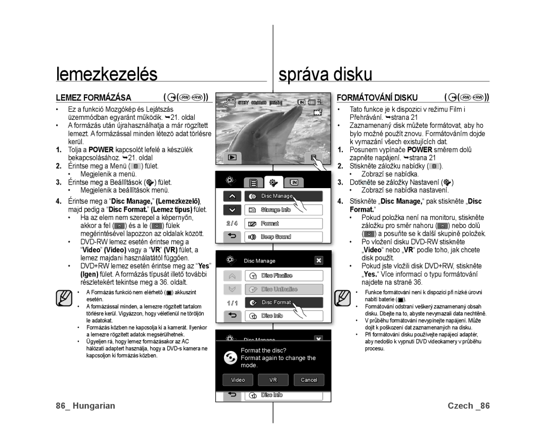 Samsung VP-DX10/XEO manual Lemez Formázása, Formátování Disku, DVD-RW lemez esetén érintse meg a 