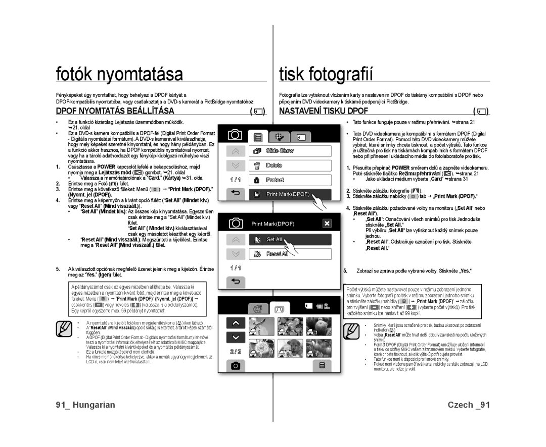 Samsung VP-DX10/XEO manual Fotók nyomtatása Tisk fotograﬁ í, Dpof Nyomtatás Beállítása Nastavení Tisku Dpof, „Reset All 