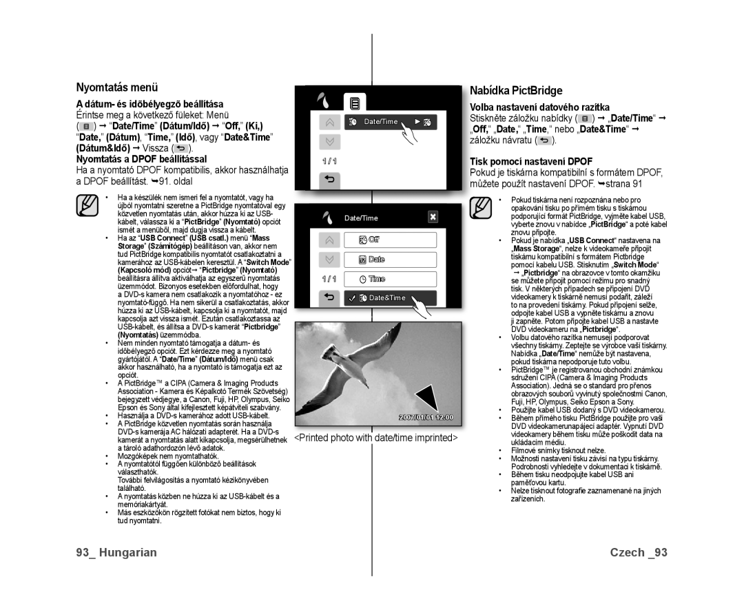 Samsung VP-DX10/XEO Nyomtatás menü, Abídka PictBridge, Nyomtatás a Dpof beállítással, Olba nastavení datového razítka 