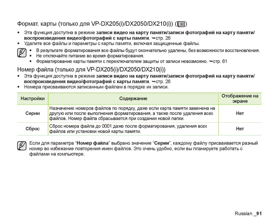 Samsung VP-DX200I/XER Формат. карты только для VP-DX205i/DX2050/DX210i, Номер файла только для VP-DX205i/DX2050/DX210i 