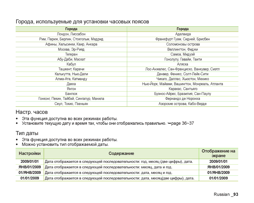 Samsung VP-DX205I/XER, VP-DX200I/XEK manual Города, используемые для установки часовых поясов, Настр. часов, Тип даты 