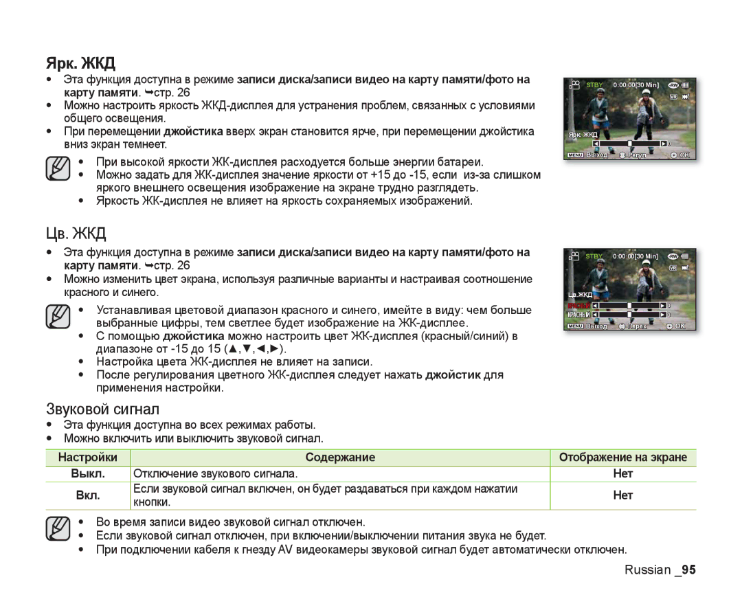 Samsung VP-DX200I/XEK, VP-DX205I/XER, VP-DX200I/XER manual Ярк. ЖКД, Цв. ЖКД, Звуковой сигнал 