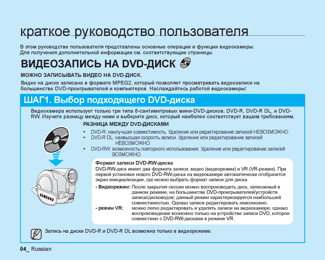 Samsung VP-DX200I/XER, VP-DX200I/XEK, VP-DX205I/XER manual Краткое руководство пользователя, Формат записи DVD-RW-диска 