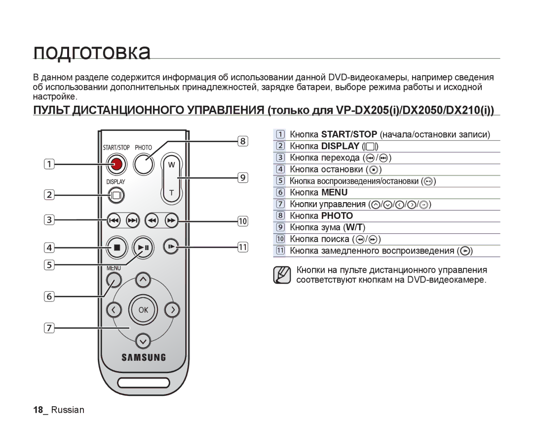 Samsung VP-DX205I/XER, VP-DX200I/XEK, VP-DX200I/XER manual Подготовка 