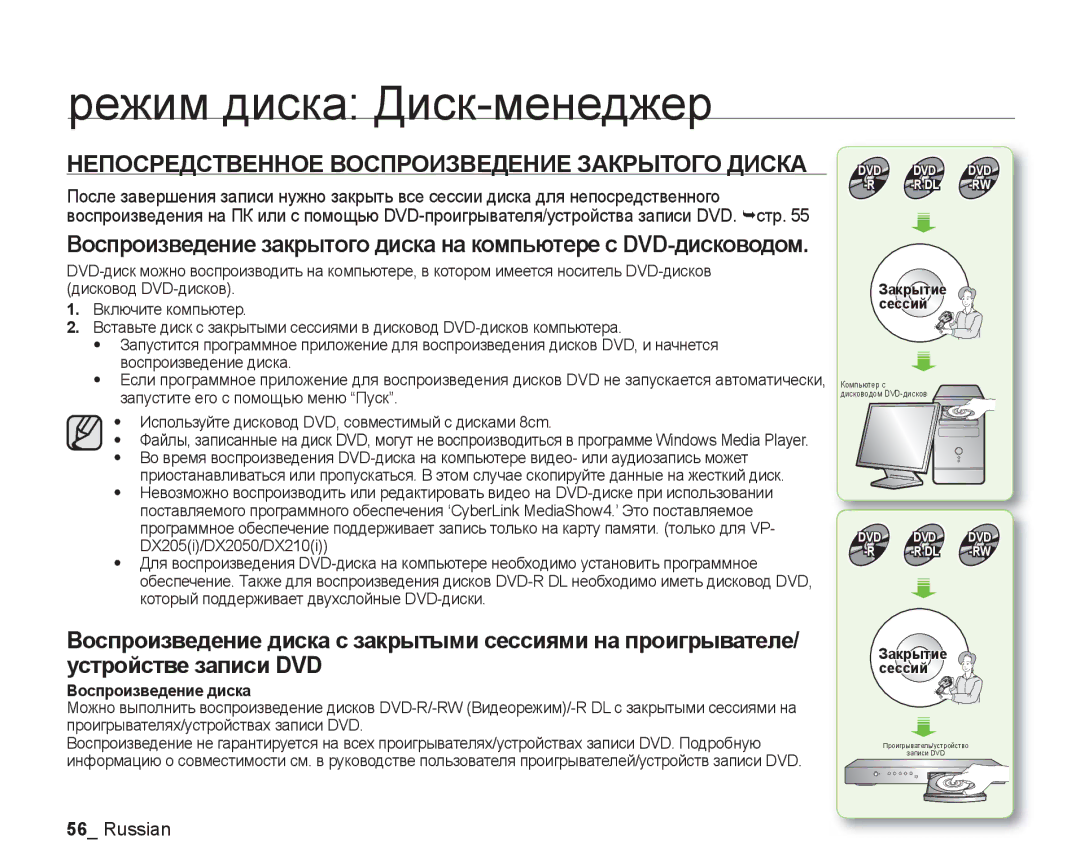 Samsung VP-DX200I/XEK, VP-DX205I/XER, VP-DX200I/XER Непосредственное Воспроизведение Закрытого Диска, Воспроизведение диска 