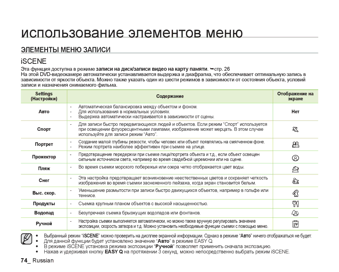 Samsung VP-DX200I/XEK, VP-DX205I/XER, VP-DX200I/XER manual Элементы Меню Записи, Iscene 