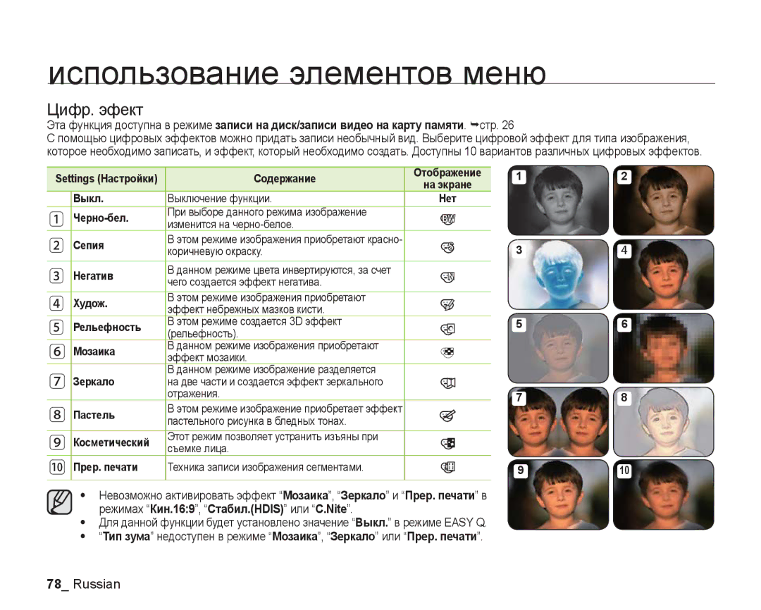 Samsung VP-DX205I/XER, VP-DX200I/XEK, VP-DX200I/XER manual Цифр. эфект 