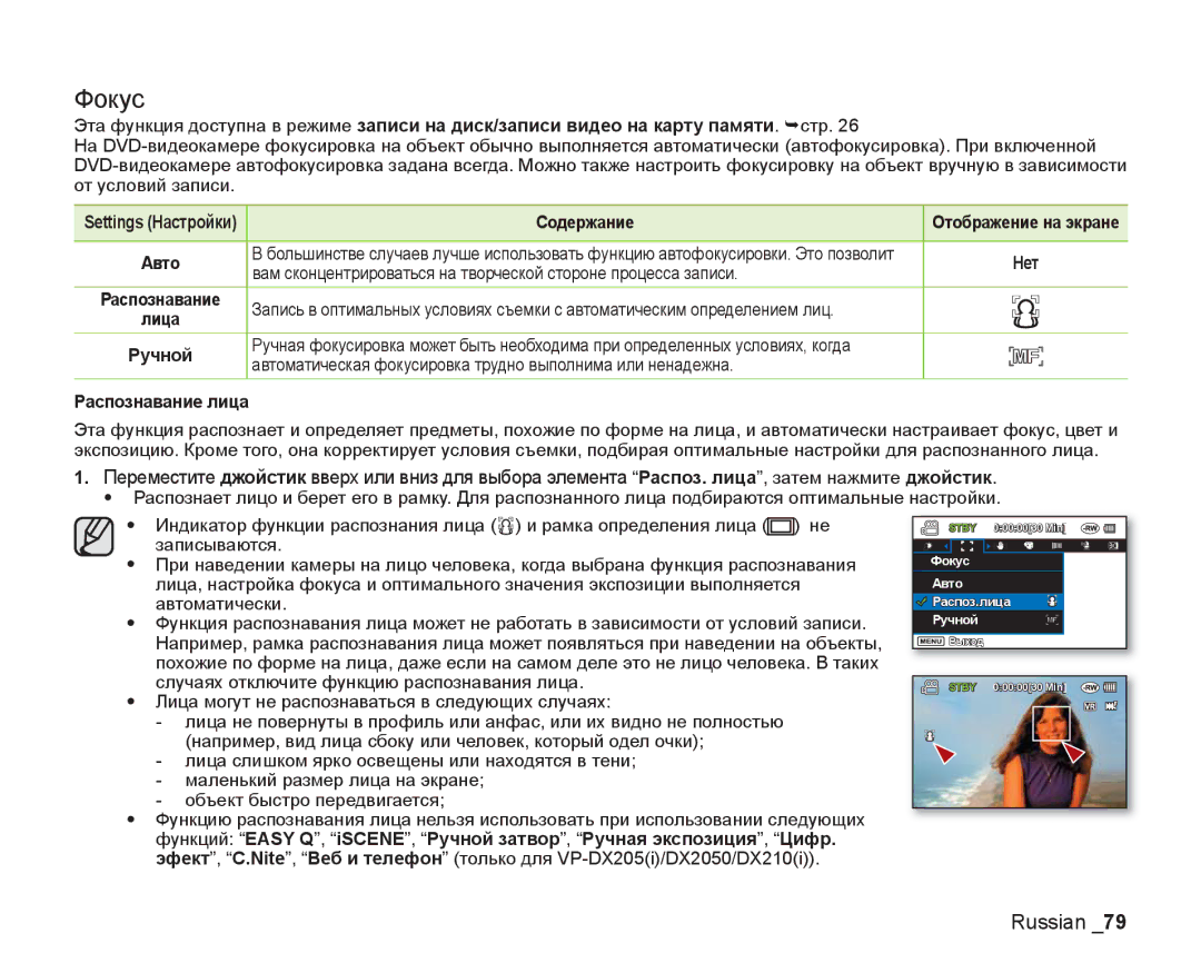 Samsung VP-DX200I/XER, VP-DX200I/XEK, VP-DX205I/XER manual Фокус, Ручной 