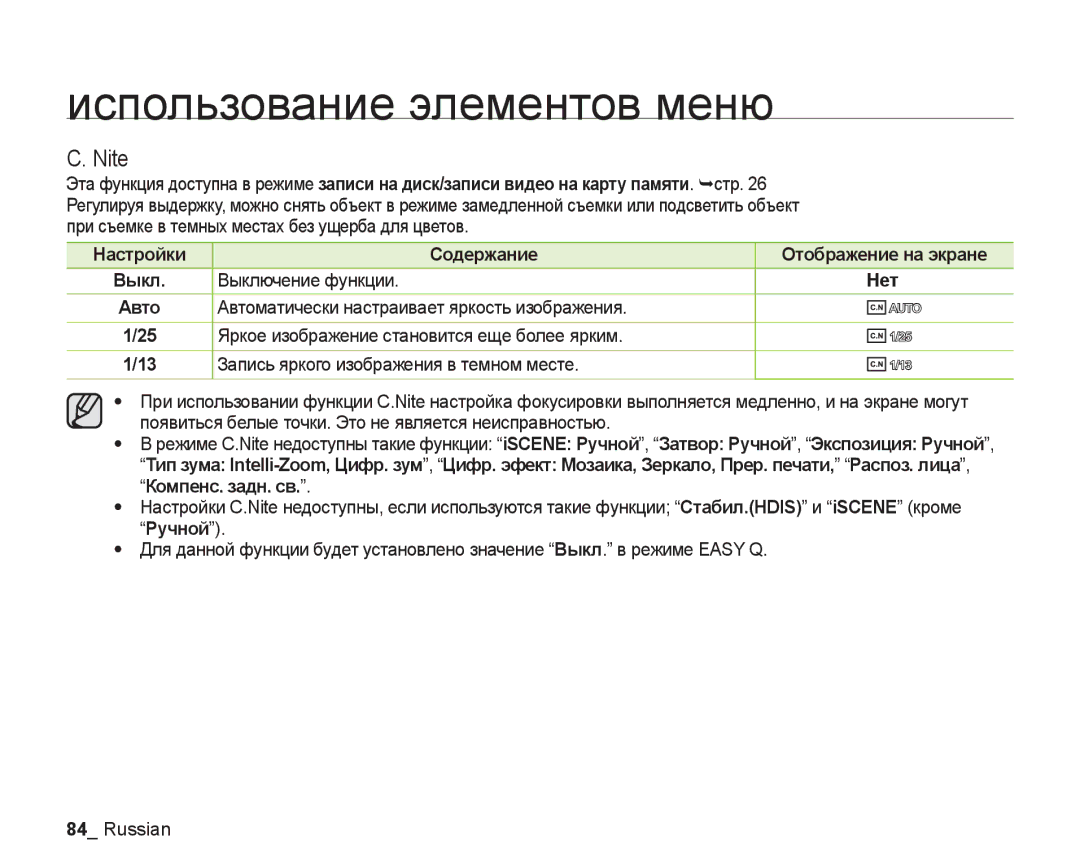 Samsung VP-DX205I/XER, VP-DX200I/XEK, VP-DX200I/XER manual Nite, Нет, Ручной, Выкл 