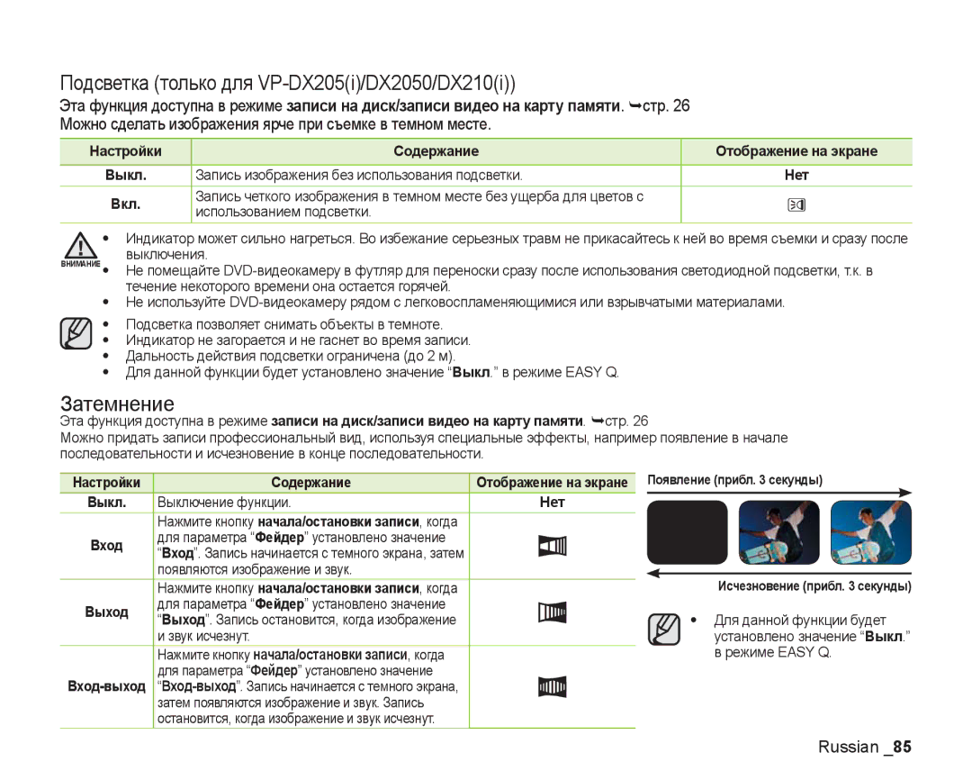 Samsung VP-DX200I/XER, VP-DX200I/XEK, VP-DX205I/XER manual Подсветка только для VP-DX205i/DX2050/DX210i, Затемнение 