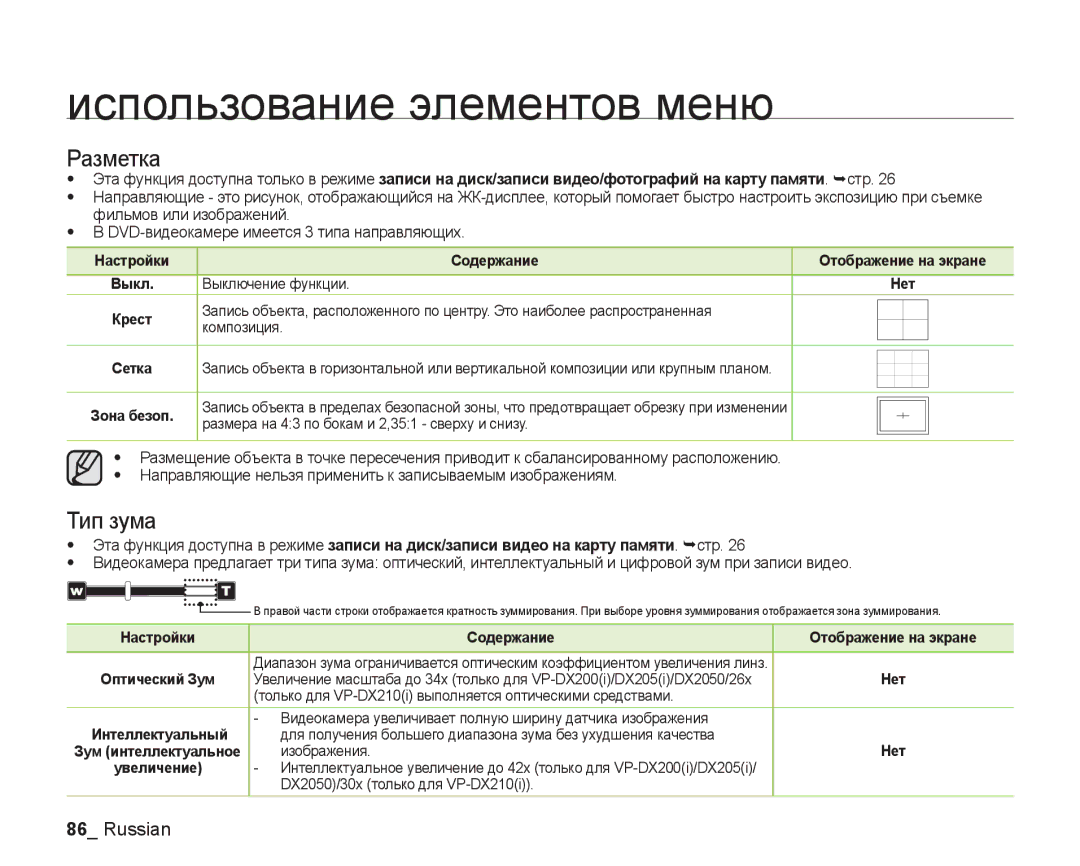 Samsung VP-DX200I/XEK, VP-DX205I/XER manual Разметка, Тип зума, Настройки Содержание Отображение на экране, Интеллектуальный 