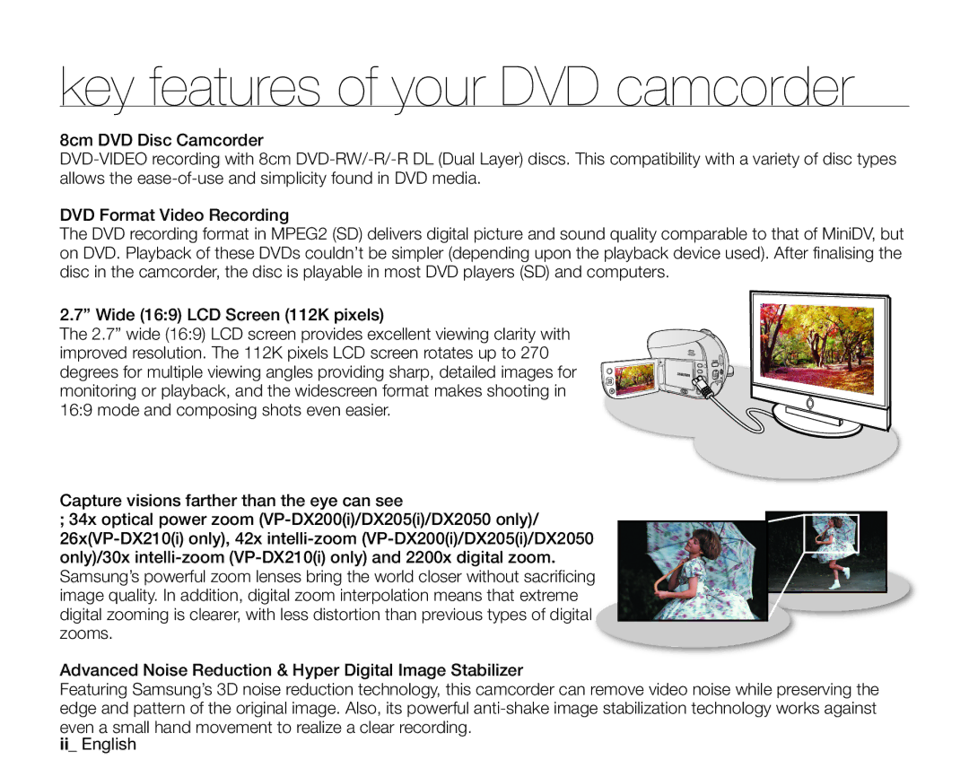 Samsung VP-DX200/EDC, VP-DX2050/EDC, VP-DX205/EDC, VP-DX205I/HAC, VP-DX200I/MEA manual Key features of your DVD camcorder 