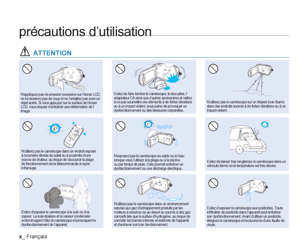 Samsung VP-DX205/EDC, VP-DX2050/EDC, VP-DX200/EDC manual Précautions d’utilisation 