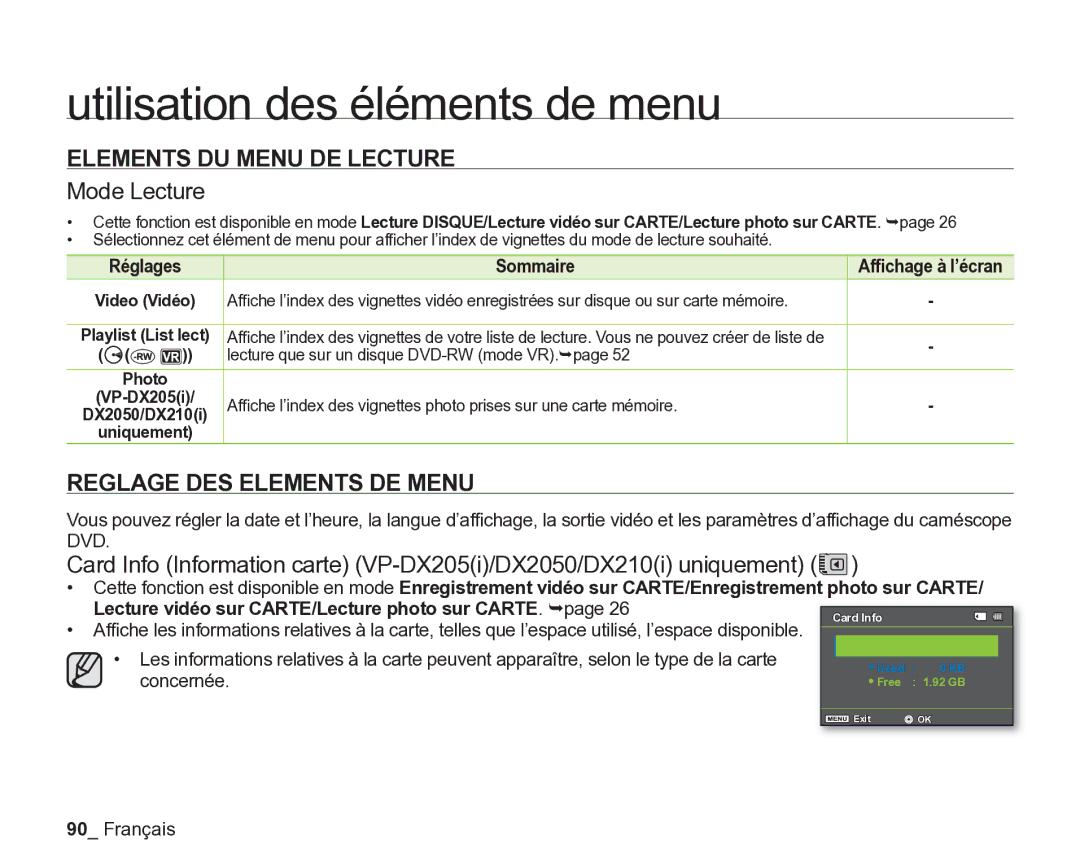 Samsung VP-DX205/EDC, VP-DX2050/EDC Elements DU Menu DE Lecture, Mode Lecture, Reglage DES Elements DE Menu, Concernée 