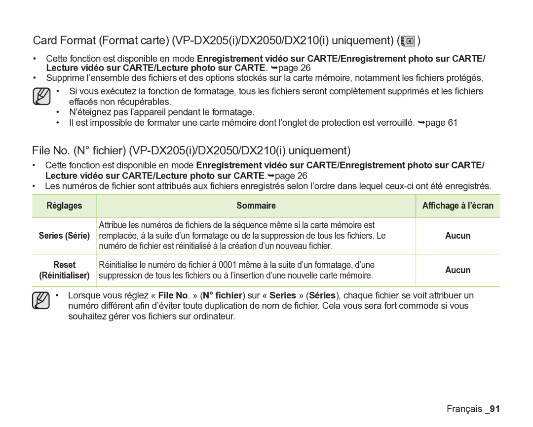 Samsung VP-DX200/EDC, VP-DX2050/EDC, VP-DX205/EDC manual Card Format Format carte VP-DX205i/DX2050/DX210i uniquement 