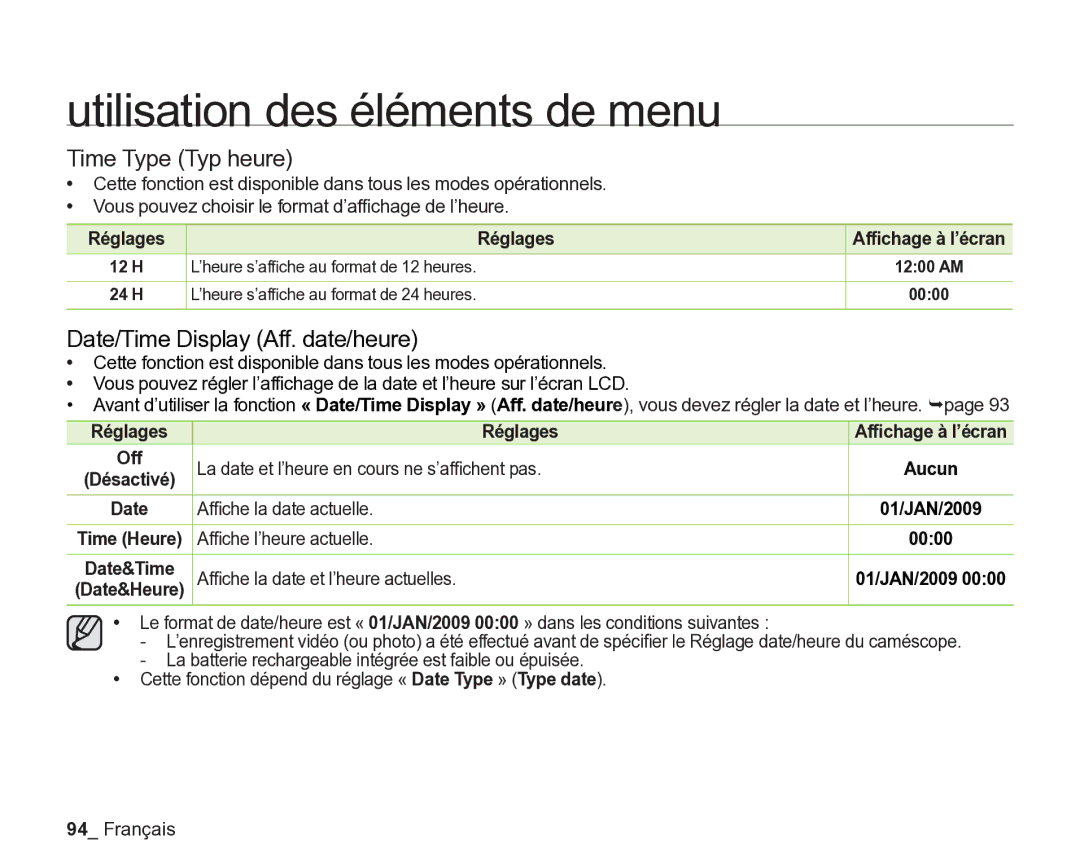 Samsung VP-DX200/EDC, VP-DX2050/EDC, VP-DX205/EDC manual Time Type Typ heure 