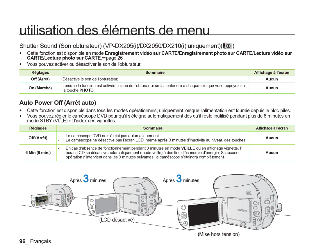 Samsung VP-DX205/EDC LCD désactivé Mise hors tension Français, Vous pouvez activer ou désactiver le son de l’obturateur 