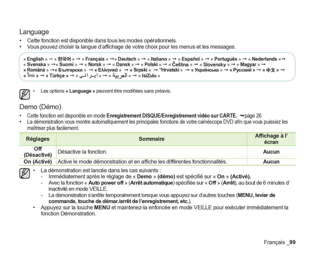 Samsung VP-DX205/EDC, VP-DX2050/EDC manual Demo Démo, Les options « Language » peuvent être modiﬁées sans préavis 