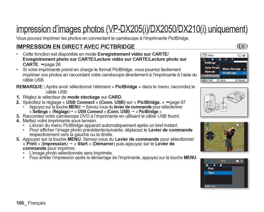 Samsung VP-DX200/EDC, VP-DX2050/EDC Impression EN Direct Avec Pictbridge, CARTE. ¬page, Câble USB, Commande pour imprimer 