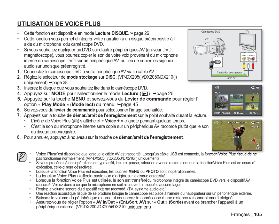 Samsung VP-DX205/EDC, VP-DX2050/EDC Utilisation DE Voice Plus, Cette fonction est disponible en mode Lecture DISQUE. ¬page 