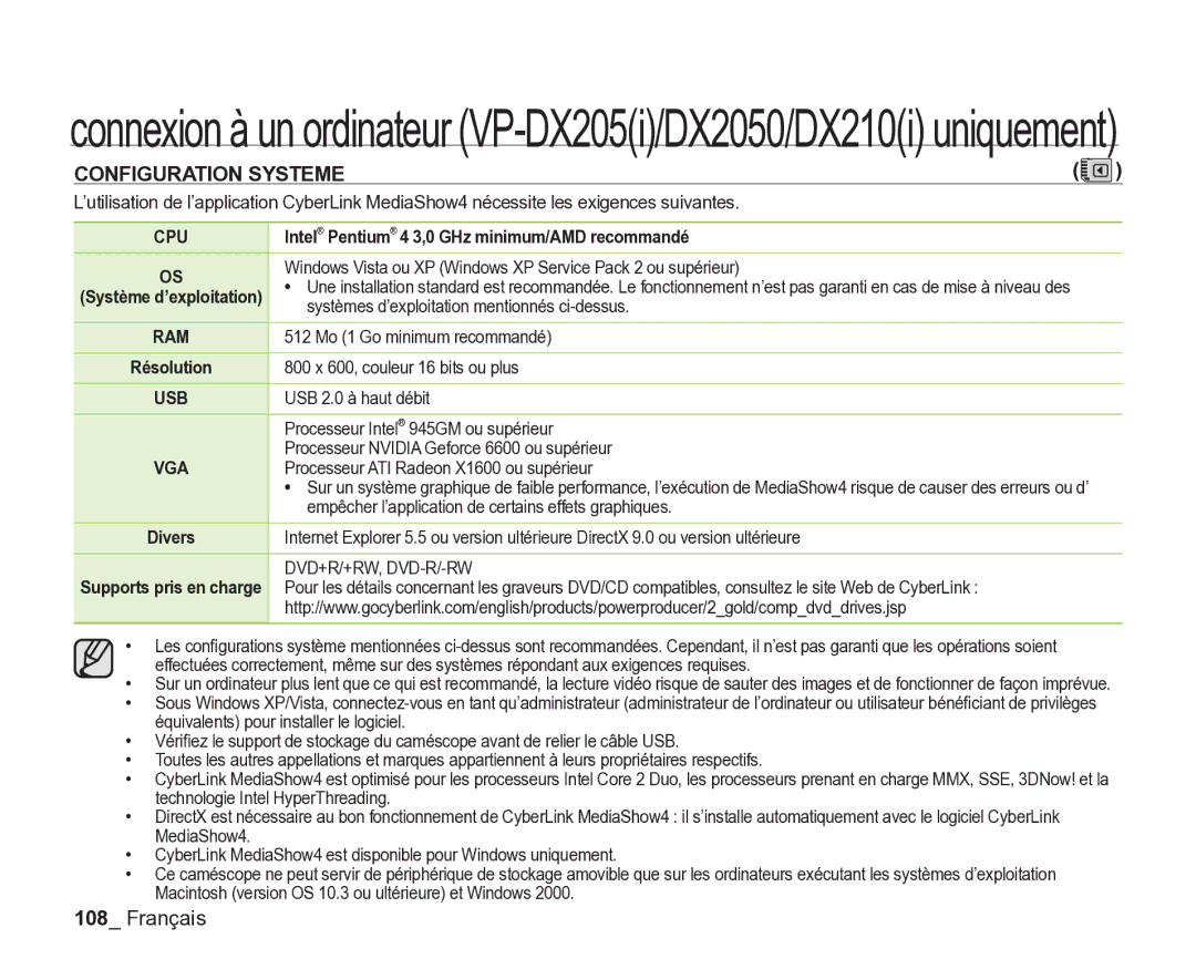 Samsung VP-DX205/EDC, VP-DX2050/EDC, VP-DX200/EDC manual Intel Pentium 4 3,0 GHz minimum/AMD recommandé 