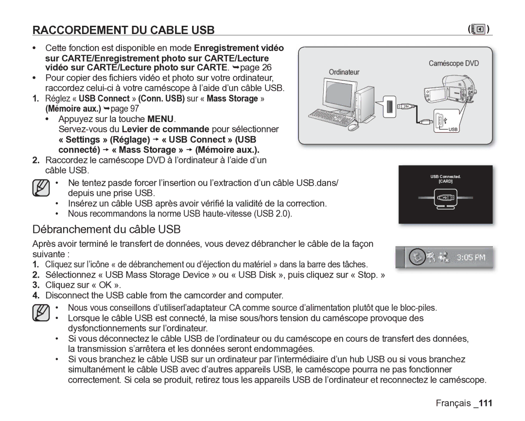 Samsung VP-DX205/EDC Raccordement DU Cable USB, Débranchement du câble USB, Vidéo sur CARTE/Lecture photo sur CARTE. ¬page 