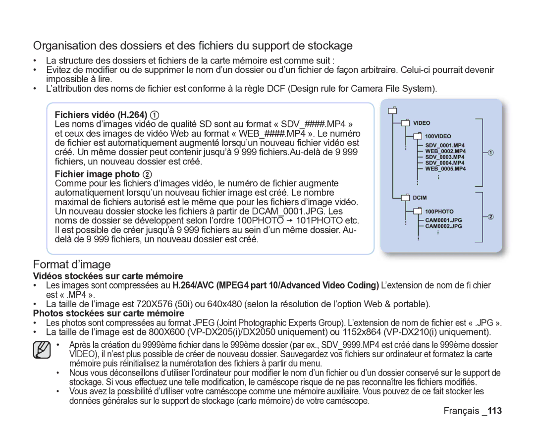 Samsung VP-DX2050/EDC manual Format d’image, Fichiers vidéo H.264, Fichier image photo, Photos stockées sur carte mémoire 