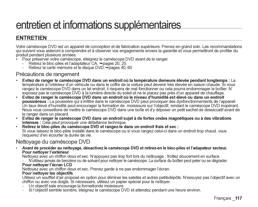 Samsung VP-DX205/EDC manual Entretien et informations supplémentaires, Précautions de rangement, Nettoyage du caméscope DVD 