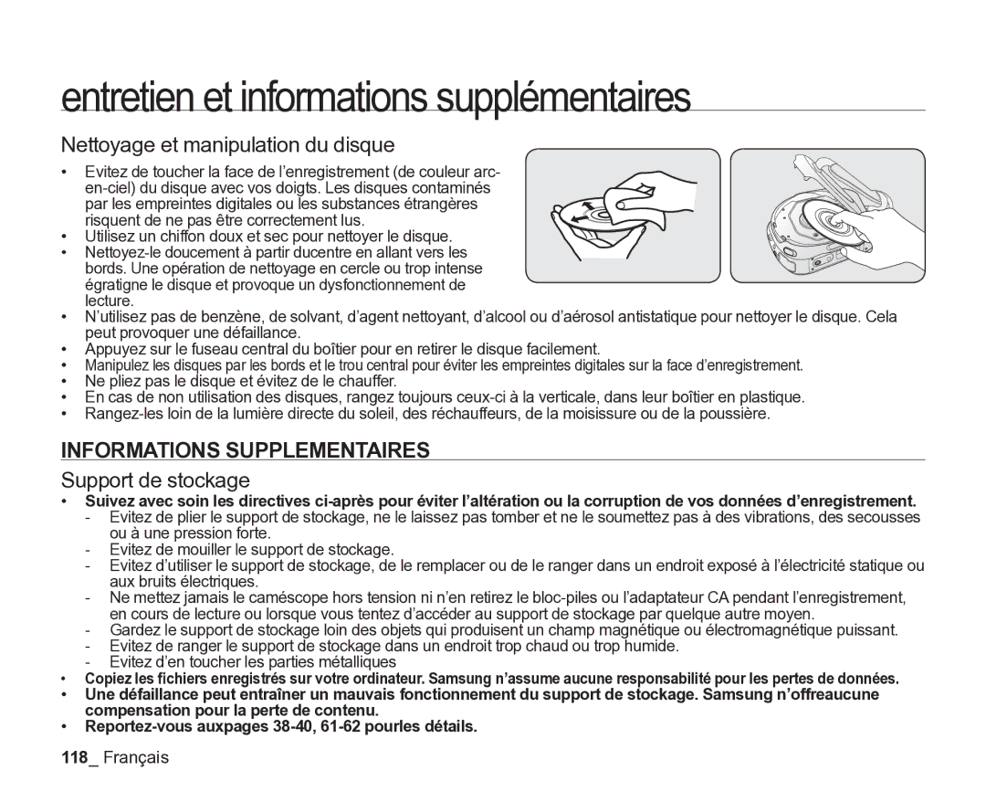 Samsung VP-DX200/EDC, VP-DX2050/EDC Nettoyage et manipulation du disque, Informations Supplementaires, Support de stockage 