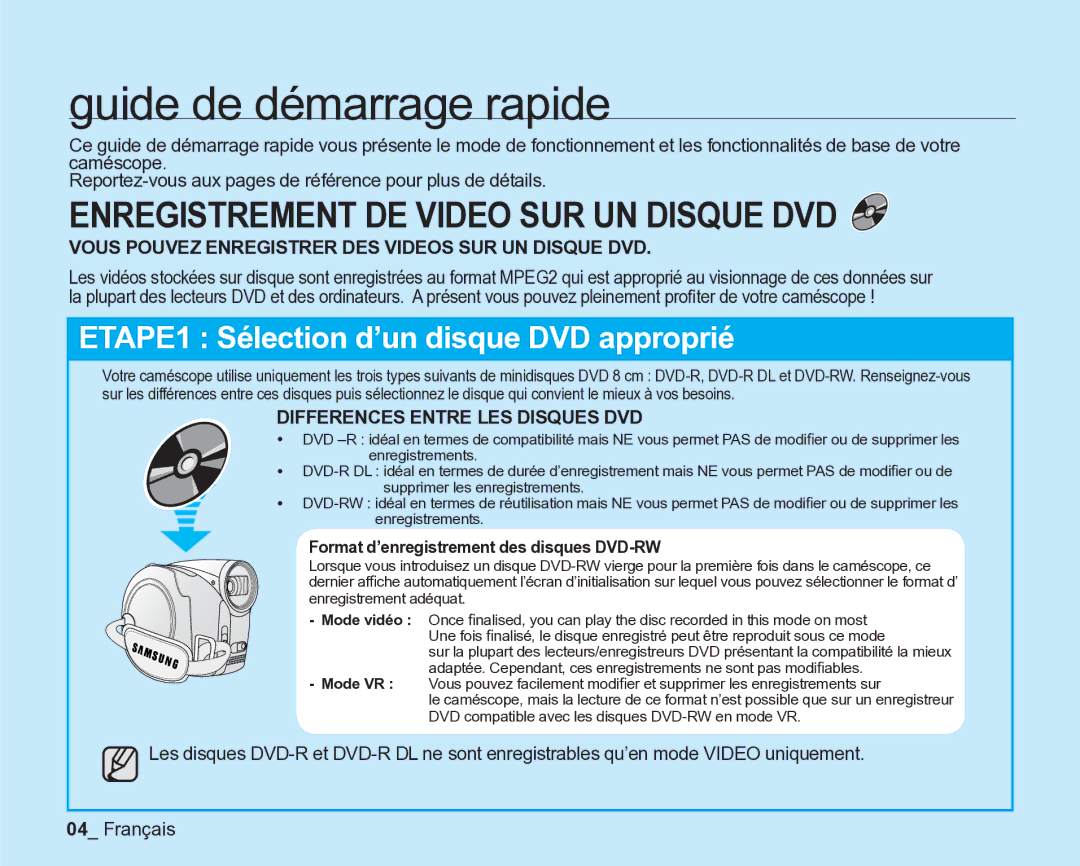 Samsung VP-DX200/EDC, VP-DX2050/EDC, VP-DX205/EDC Guide de démarrage rapide, Format d’enregistrement des disques DVD-RW 