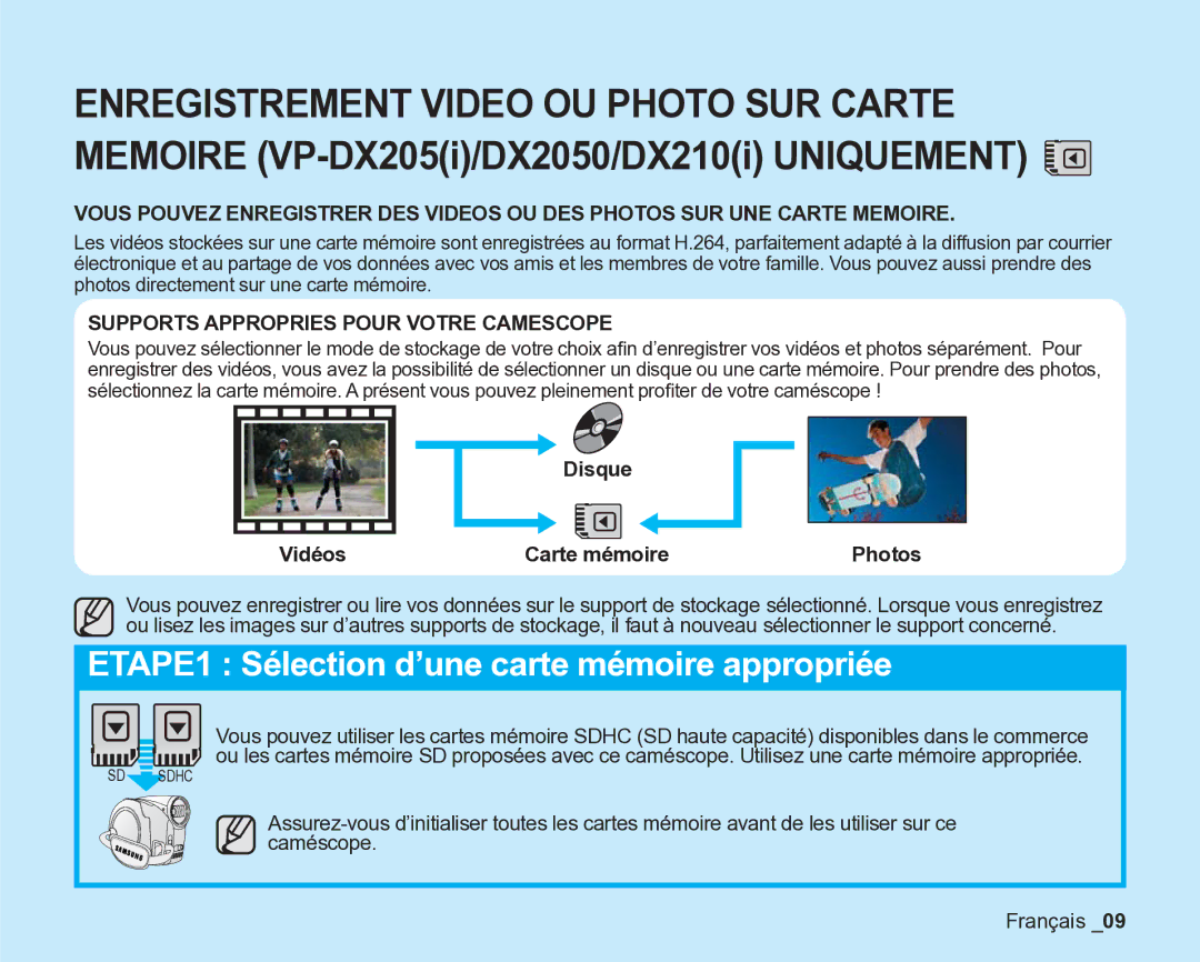 Samsung VP-DX205/EDC, VP-DX2050/EDC, VP-DX200/EDC manual Vidéos Carte mémoire, Disque, Photos 