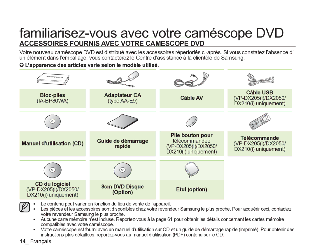 Samsung VP-DX2050/EDC manual Familiarisez-vous avec votre caméscope DVD, Accessoires Fournis Avec Votre Camescope DVD 