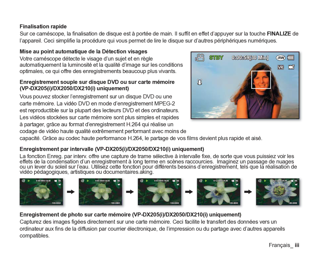 Samsung VP-DX2050/EDC manual Finalisation rapide, Mise au point automatique de la Détection visages, Compatibles Français 