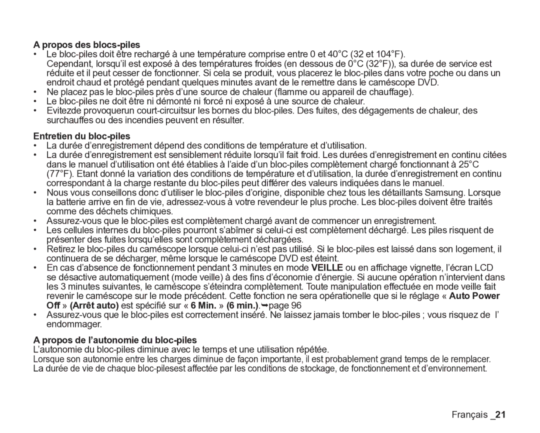 Samsung VP-DX205/EDC, VP-DX2050/EDC Propos des blocs-piles, Entretien du bloc-piles, Propos de l’autonomie du bloc-piles 