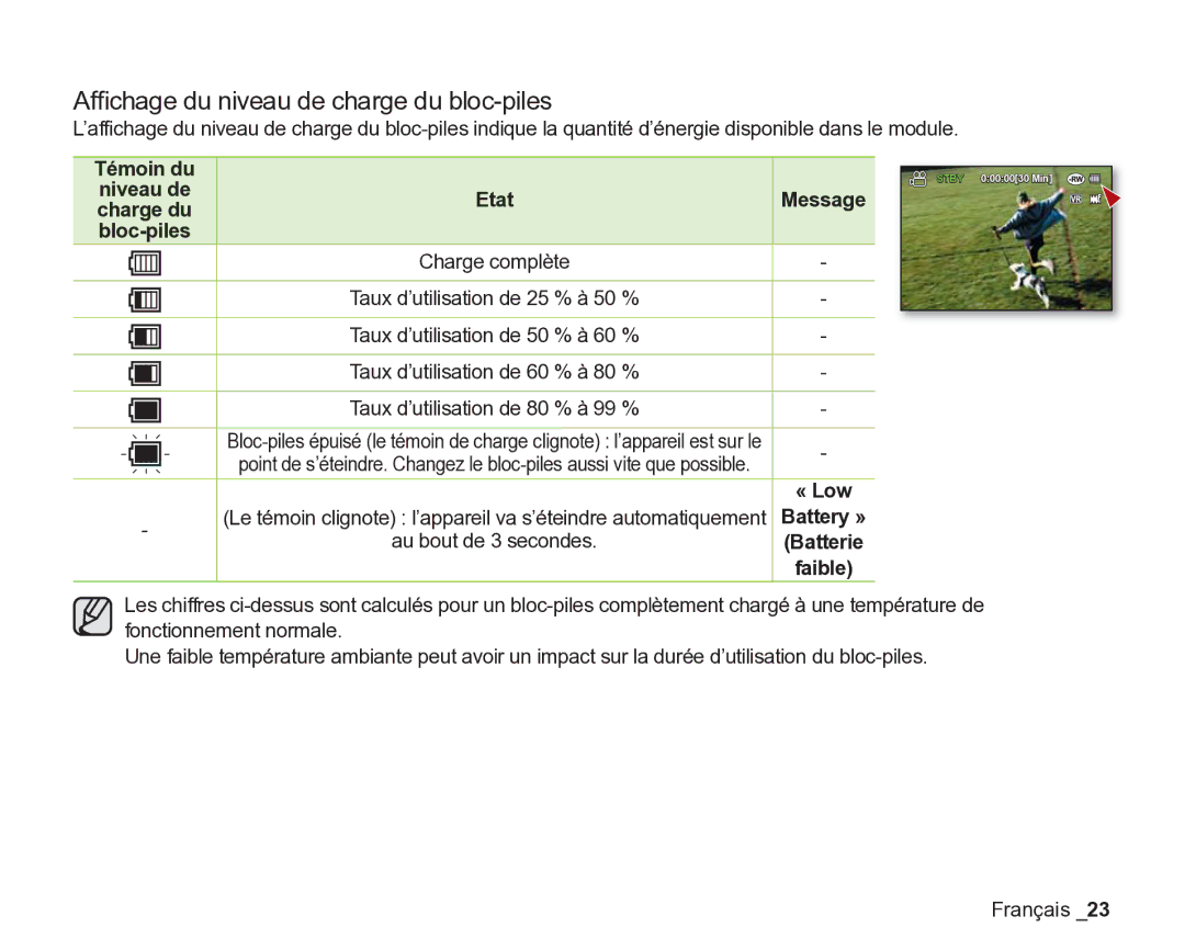 Samsung VP-DX2050/EDC, VP-DX205/EDC, VP-DX200/EDC manual Afﬁchage du niveau de charge du bloc-piles 