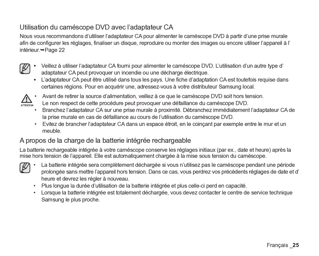 Samsung VP-DX200/EDC, VP-DX2050/EDC, VP-DX205/EDC manual Utilisation du caméscope DVD avec l’adaptateur CA 