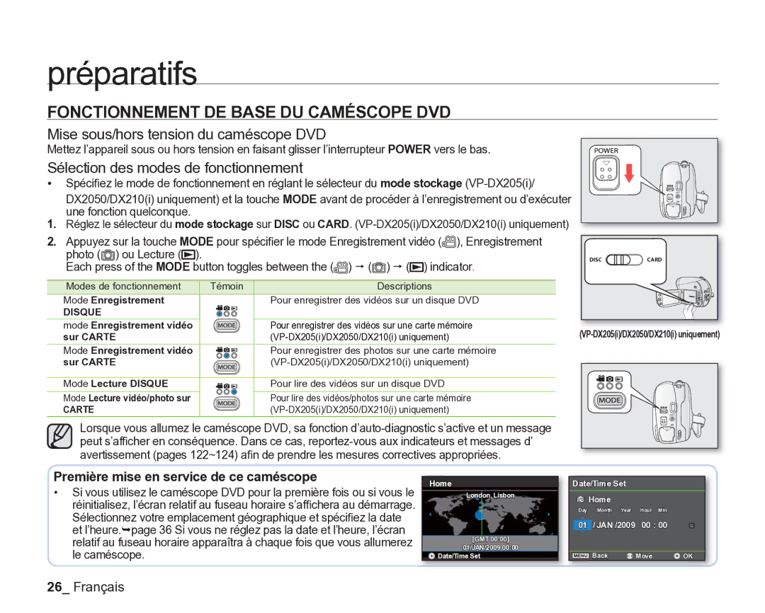 Samsung VP-DX2050/EDC, VP-DX205/EDC manual Fonctionnement DE Base DU Caméscope DVD, Première mise en service de ce caméscope 