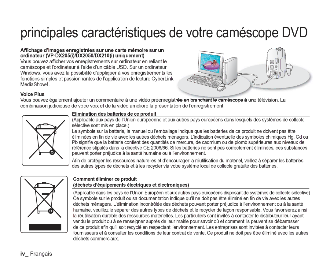 Samsung VP-DX205/EDC, VP-DX2050/EDC, VP-DX200/EDC manual Iv Français, Voice Plus, Elimination des batteries de ce produit 