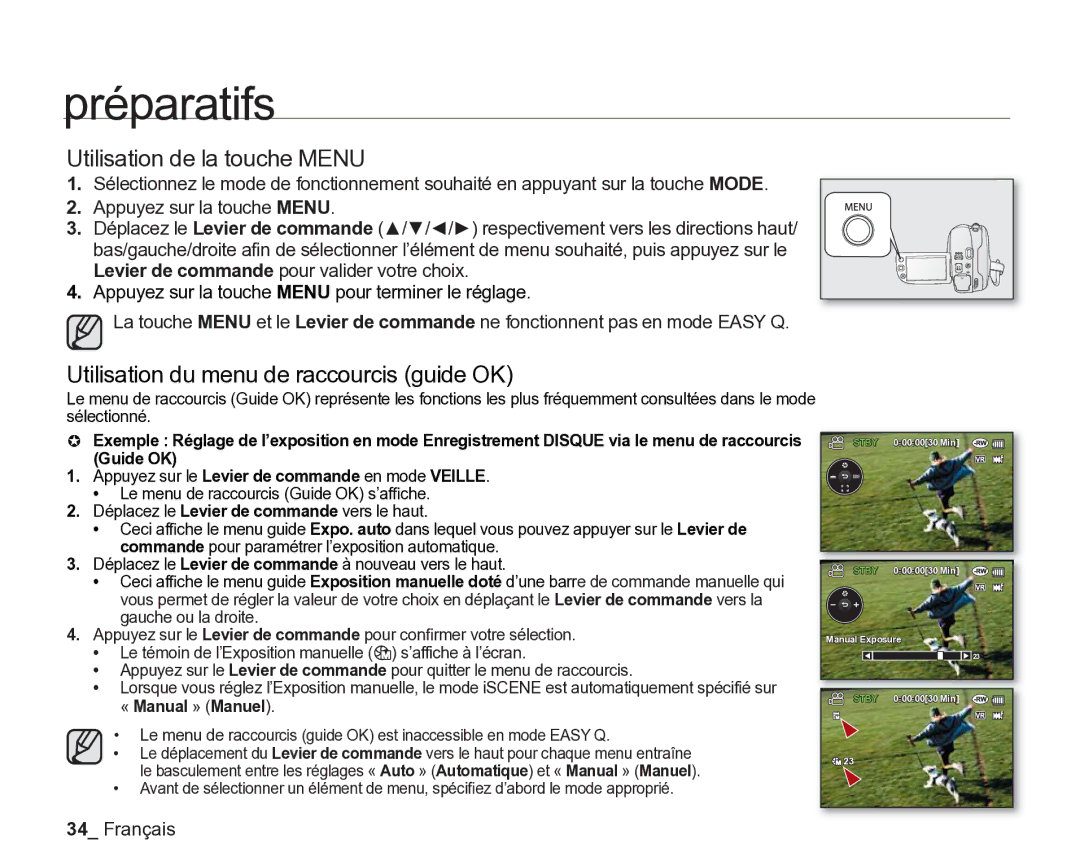 Samsung VP-DX200/EDC, VP-DX2050/EDC, VP-DX205/EDC Utilisation de la touche Menu, Utilisation du menu de raccourcis guide OK 