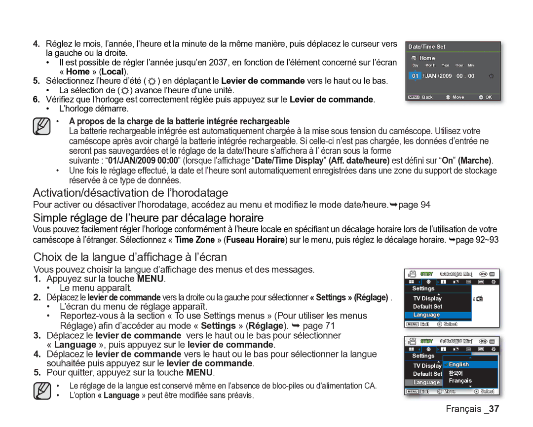 Samsung VP-DX200/EDC, VP-DX2050/EDC manual Activation/désactivation de l’horodatage, Choix de la langue d’afﬁchage à l’écran 