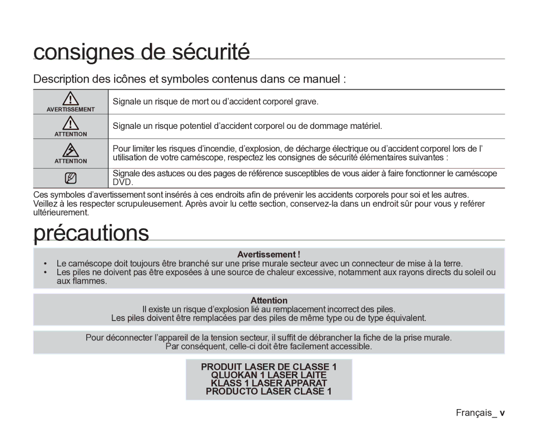 Samsung VP-DX200/EDC manual Consignes de sécurité, Précautions, Description des icônes et symboles contenus dans ce manuel 