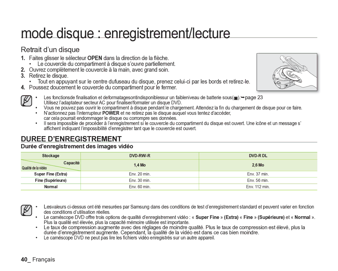 Samsung VP-DX200/EDC, VP-DX2050/EDC Retrait d’un disque, Duree D’ENREGISTREMENT, Durée d’enregistrement des images vidéo 