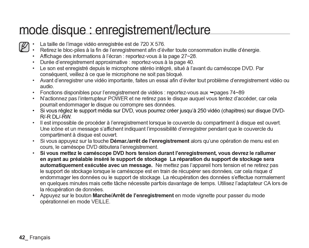 Samsung VP-DX205/EDC, VP-DX2050/EDC, VP-DX200/EDC manual Mode disque enregistrement/lecture 