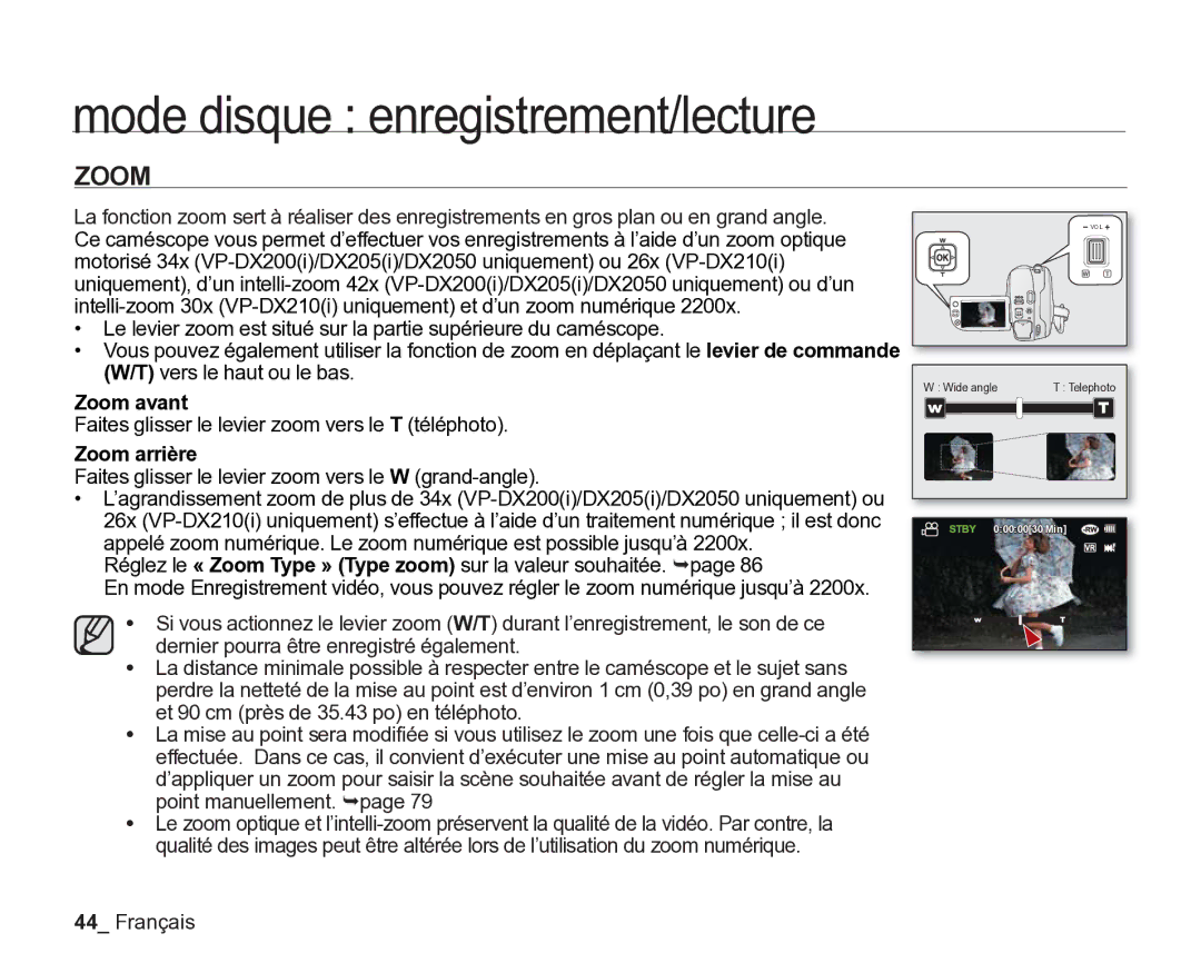 Samsung VP-DX2050/EDC, VP-DX205/EDC, VP-DX200/EDC manual Zoom arrière 