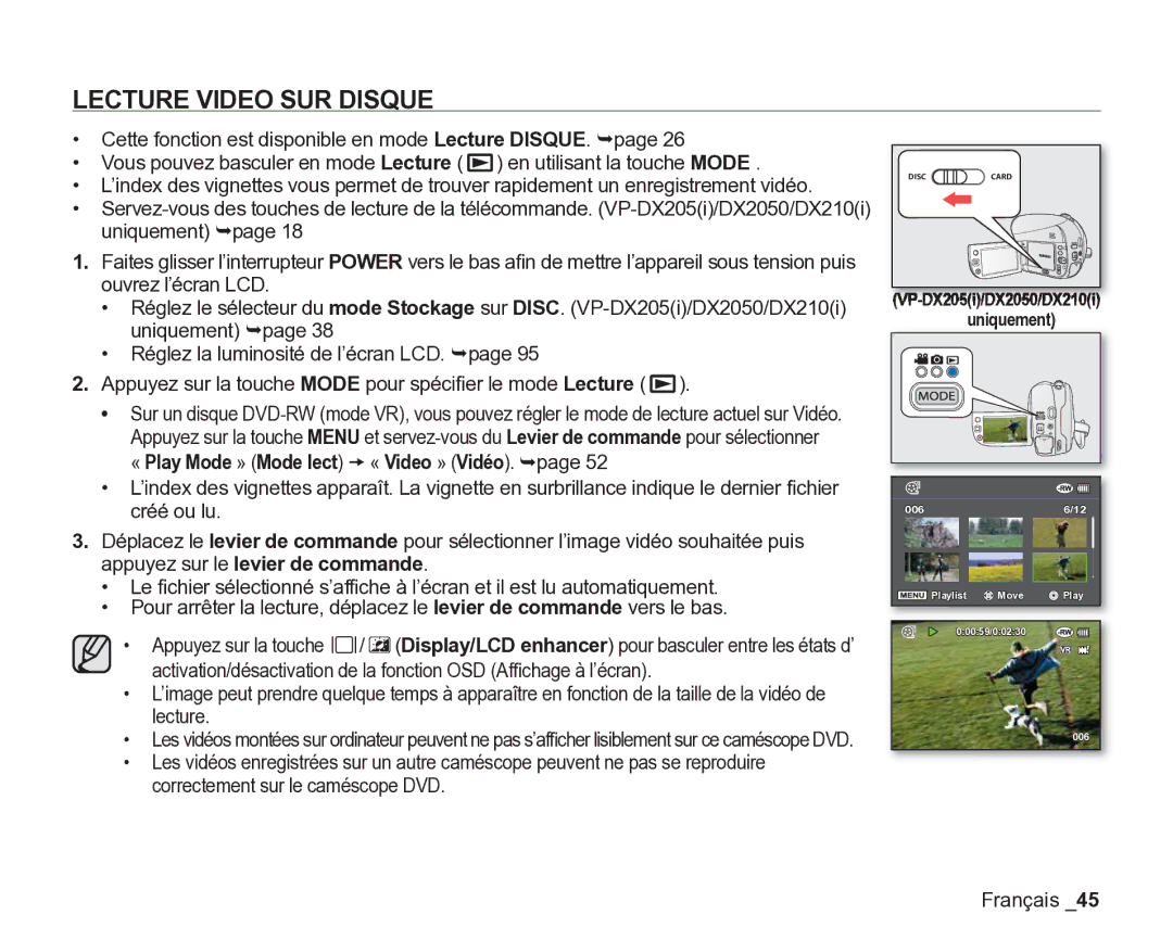 Samsung VP-DX205/EDC, VP-DX2050/EDC, VP-DX200/EDC manual Lecture Video SUR Disque 