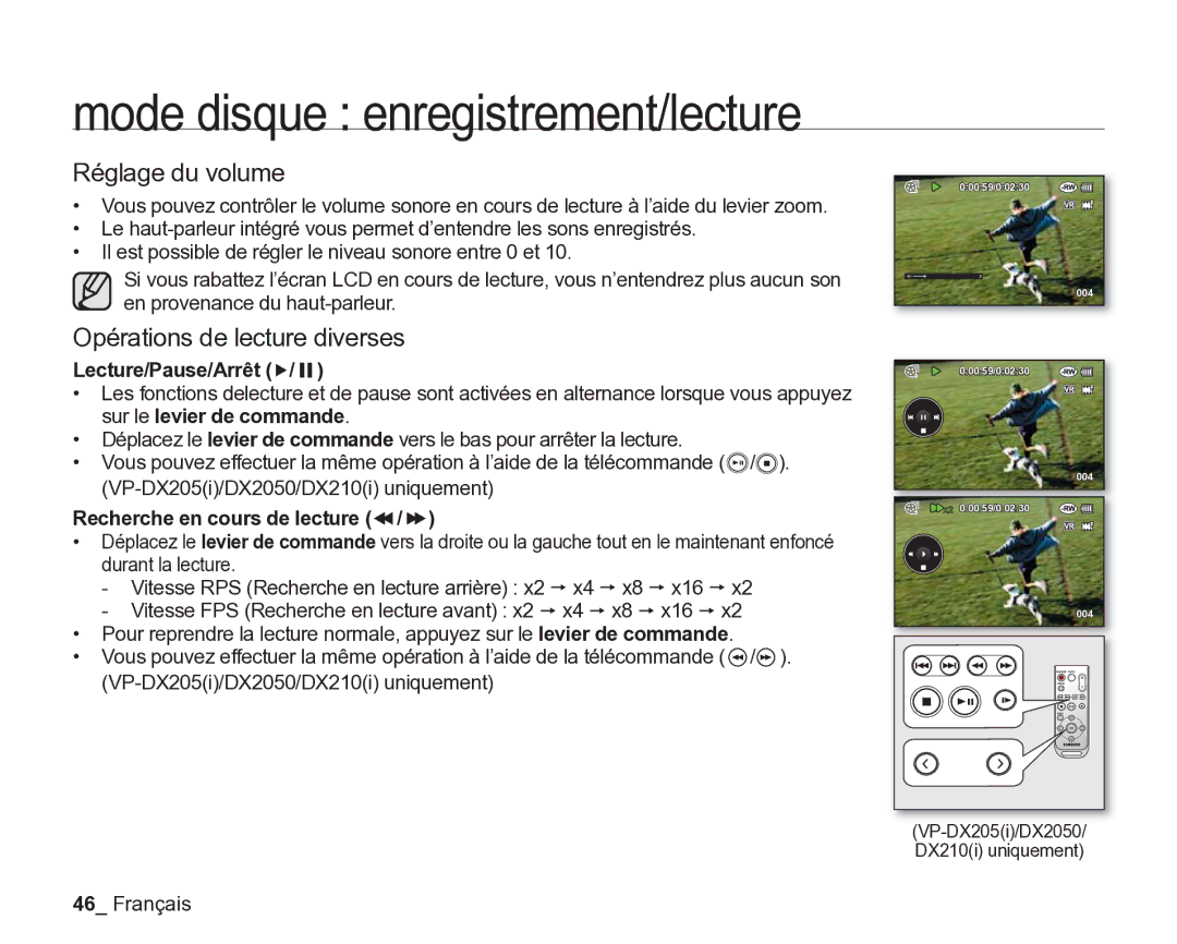 Samsung VP-DX200/EDC, VP-DX2050/EDC, VP-DX205/EDC Réglage du volume, Opérations de lecture diverses, Lecture/Pause/Arrêt f 