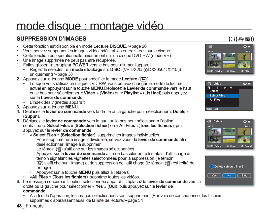 Samsung VP-DX205/EDC, VP-DX2050/EDC manual Mode disque montage vidéo, Suppression D’IMAGES, Sur le Levier de commande 